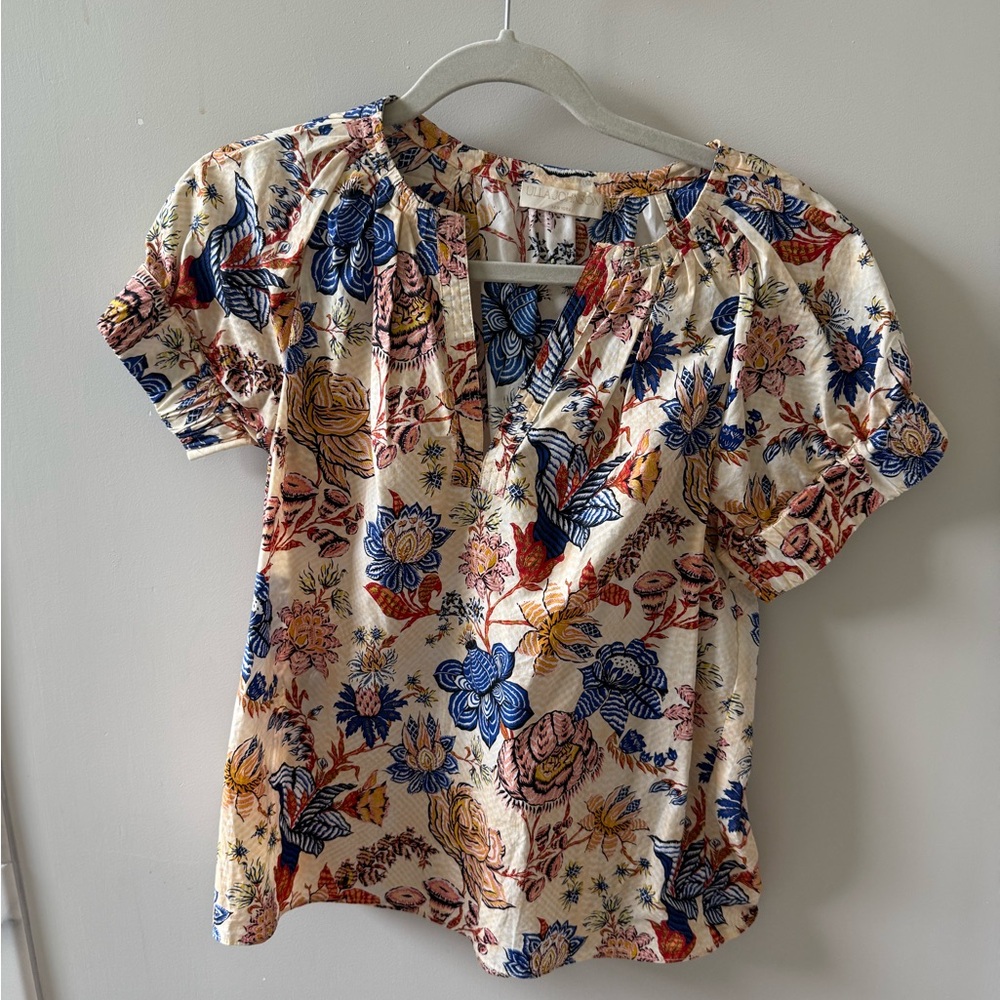 Ulla Johnson Cream and Blue Puff Sleeve Blouse
